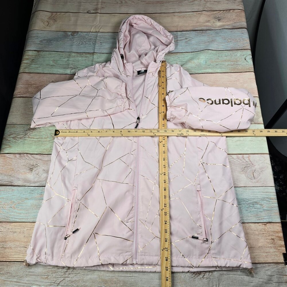 New Balance Womens 1X Hooded Windbreaker Jacket Pink Gold foil Geometric - Picture 7 of 16
